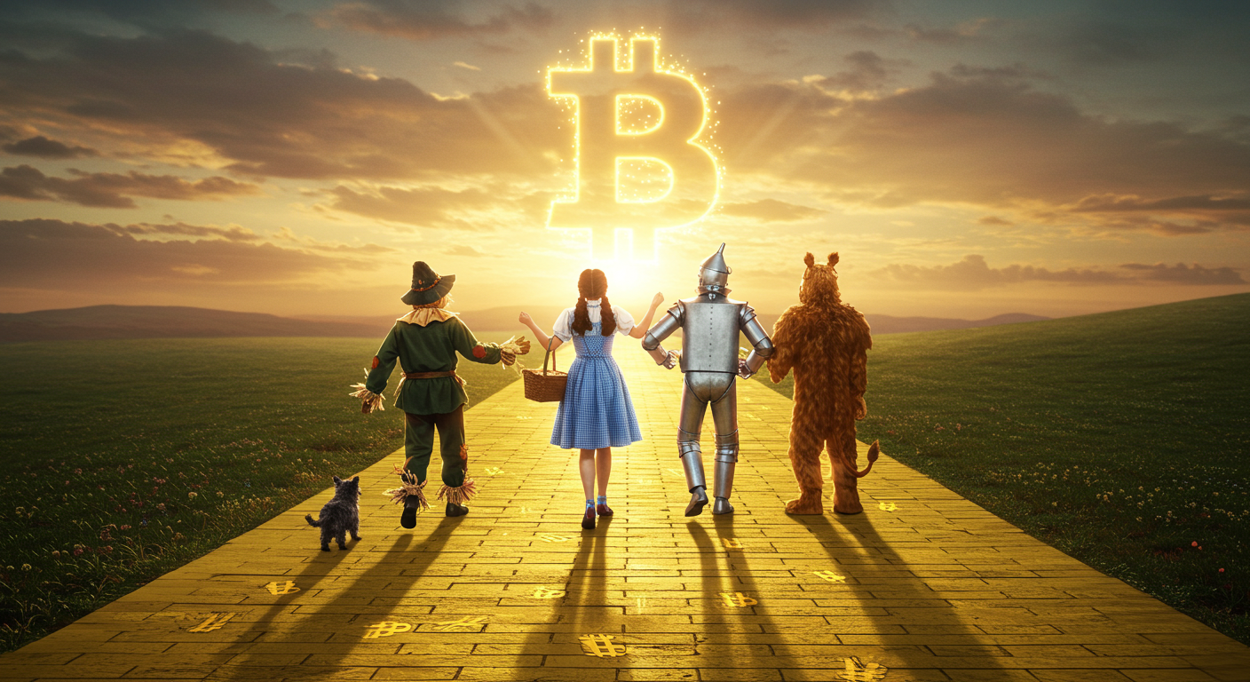 Dorothy, the Scarecrow, the Tin Man, the Cowardly Lion, and Toto dance arm-in-arm down a glowing Yellow Brick Road, heading toward a radiant Bitcoin-shaped sunrise. The scene evokes joyful movement, classic Oz nostalgia, and a hopeful journey toward a new financial future.