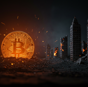 A battlefield with two sides: one side digital and glowing (Bitcoin), the other gray and crumbling (fiat towers).