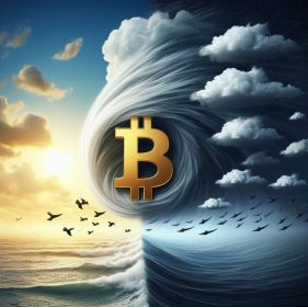 a striking portrayal of Bitcoin's market dynamics. At its center, a gleaming golden Bitcoin symbol emerges as the focal point. The scene is split into two contrasting halves: on the right, a vivid sunny sky accompanies calm waters, symbolizing prosperous growth and positive market conditions. On the left, turbulent waves and ominous dark clouds suggest challenges and obstacles. A swirling vortex in the middle artfully transitions these contrasting sides, illustrating the idea of Bitcoin's challenges (headwinds) turning into opportunities (tailwinds).